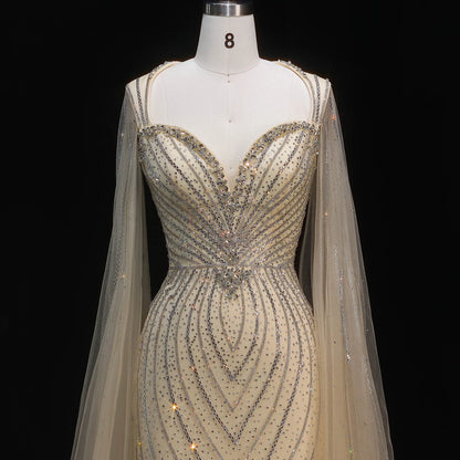 Green Beaded Mermaid Evening Gown with Cape Sleeves — Dubai Arabic Formal — Riviera Couture GCC Luxury Evening Gown