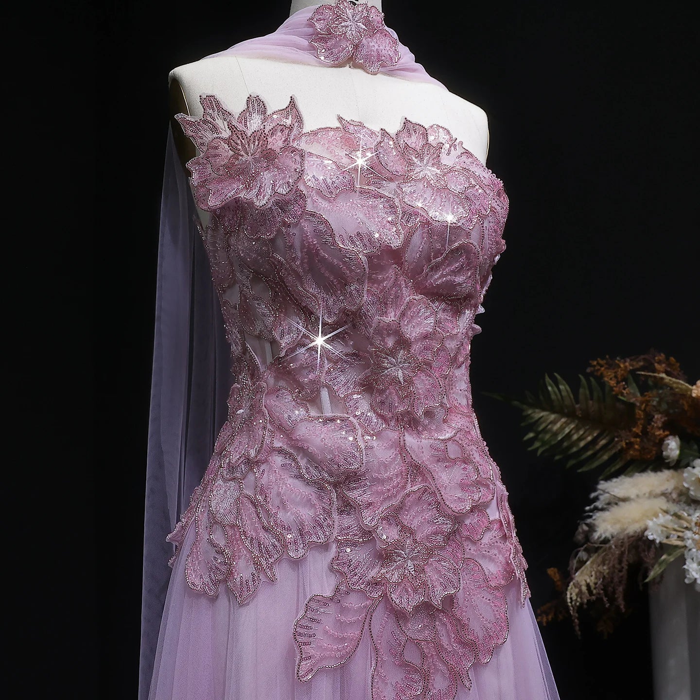 Pink A-Line Evening Gown with Scarf — Appliqué Beaded GCC Formal — Riviera Couture GCC Luxury Evening Gown