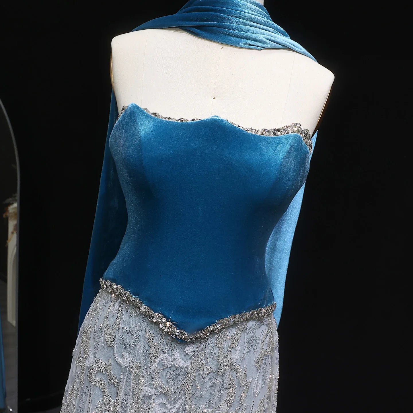 Turquoise Blue Velvet Two-Piece Evening Gown with Scarf — Arabic Luxury — Riviera Couture GCC Luxury Evening Gown