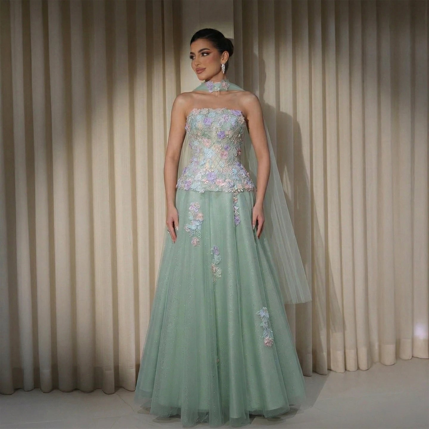 Sage Green Sage Green A-Line Evening Gown with Scarf — 3D Flowers GCC 2026 — Riviera Couture GCC Luxury Evening Gown