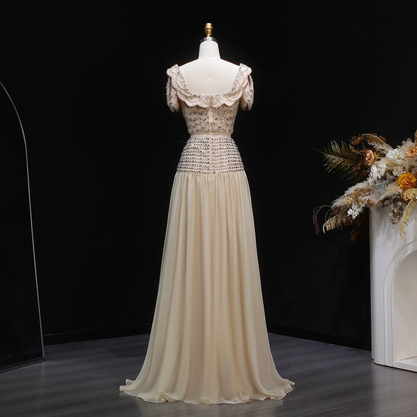 Champagne Champagne Two-Piece Evening Gown — Short Sleeve Sequined Bowknot — Riviera Couture GCC Luxury Evening Gown