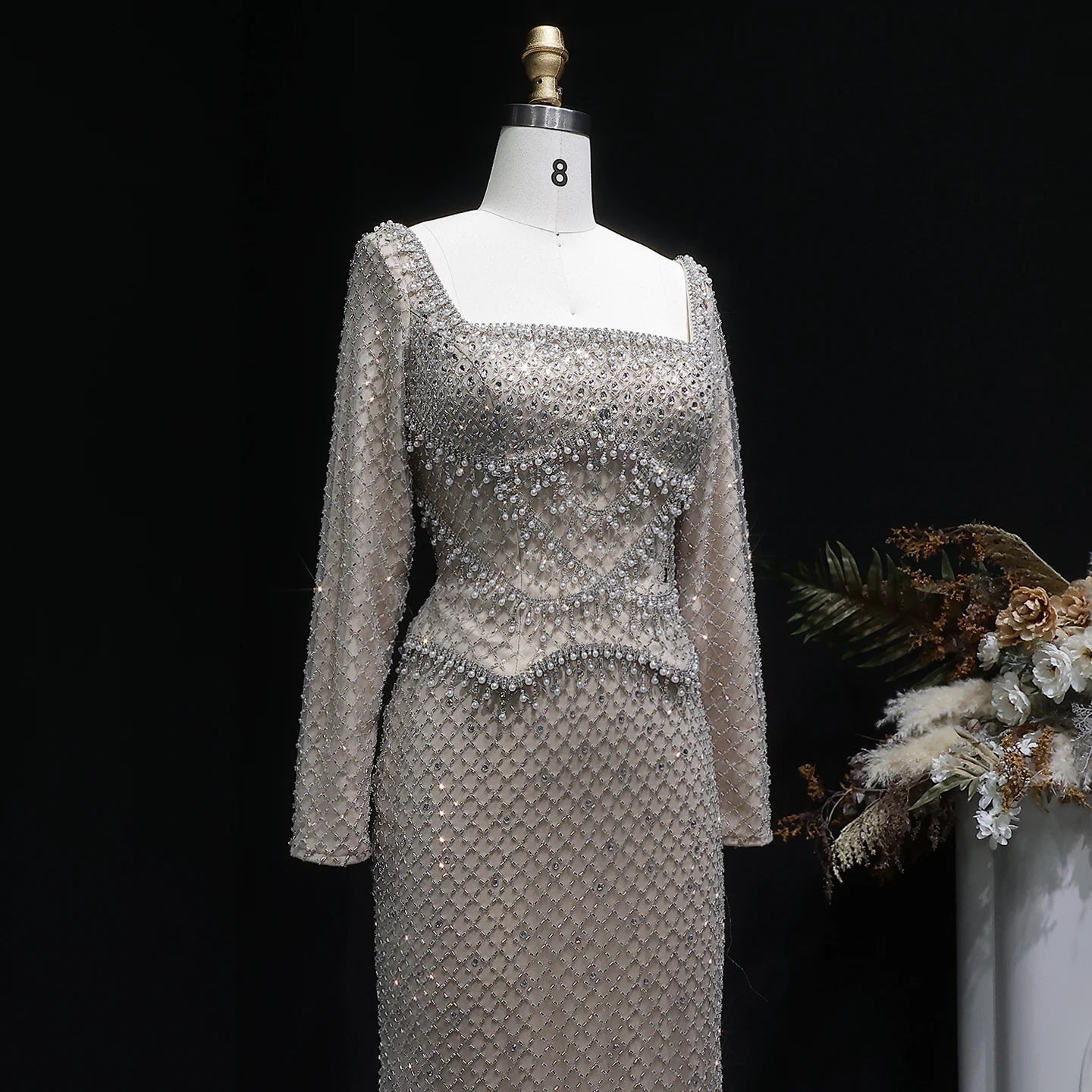 Champagne Champagne Crystal Long Sleeve Evening Gown — Dubai Arabic Luxury — Riviera Couture GCC Luxury Evening Gown