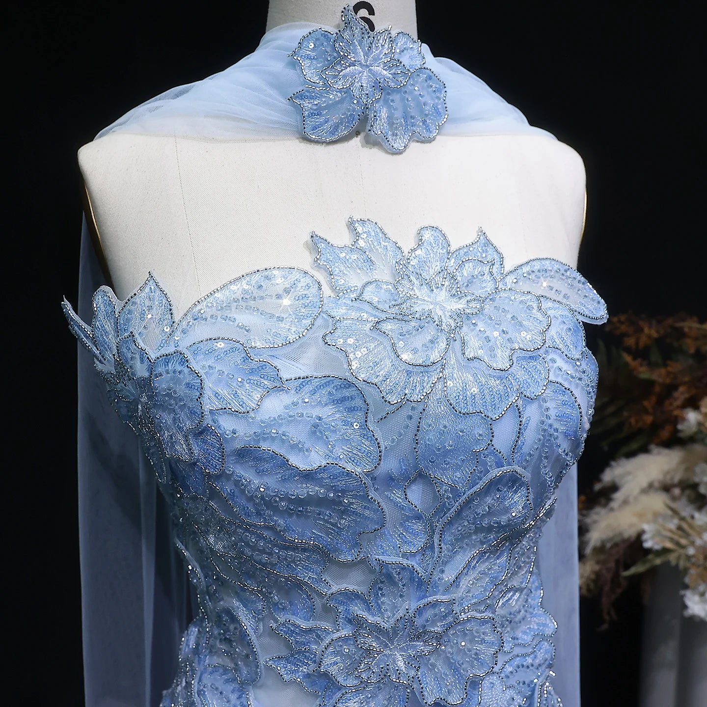 A-Line Evening Gown with Scarf — Appliqué Beaded GCC Formal — Riviera Couture GCC Luxury Evening Gown