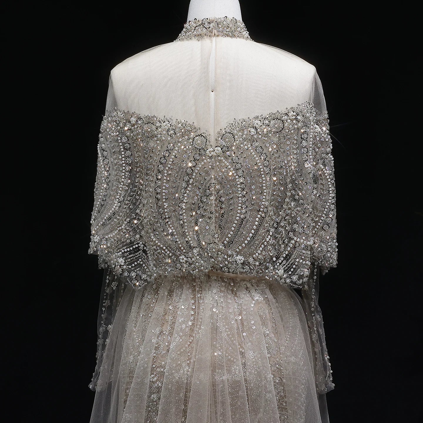Champagne Gray Dubai Evening Gown with Cape — Long Sleeve Detachable Overskirt — Riviera Couture GCC Luxury Evening Gown
