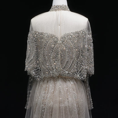 Champagne Gray Dubai Evening Gown with Cape — Long Sleeve Detachable Overskirt — Riviera Couture GCC Luxury Evening Gown