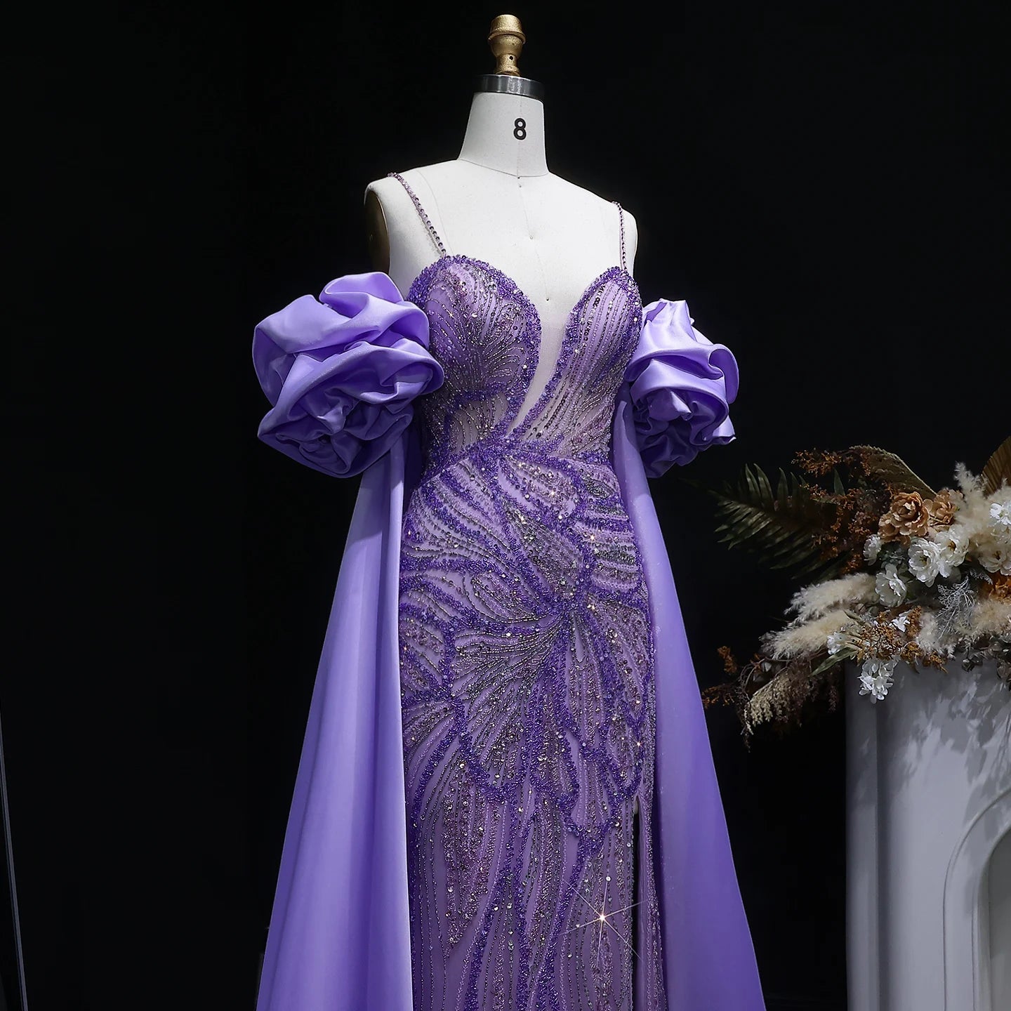 Green Off-Shoulder Cape Ruffle Evening Gown — Beaded Luxury GCC Formal — Riviera Couture GCC Luxury Evening Gown
