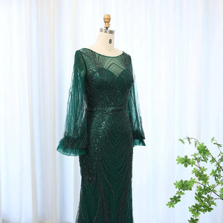 Luxury Emerald Green Mermaid Evening Dress with Elegant Long Sleeves l - Riviera Couture