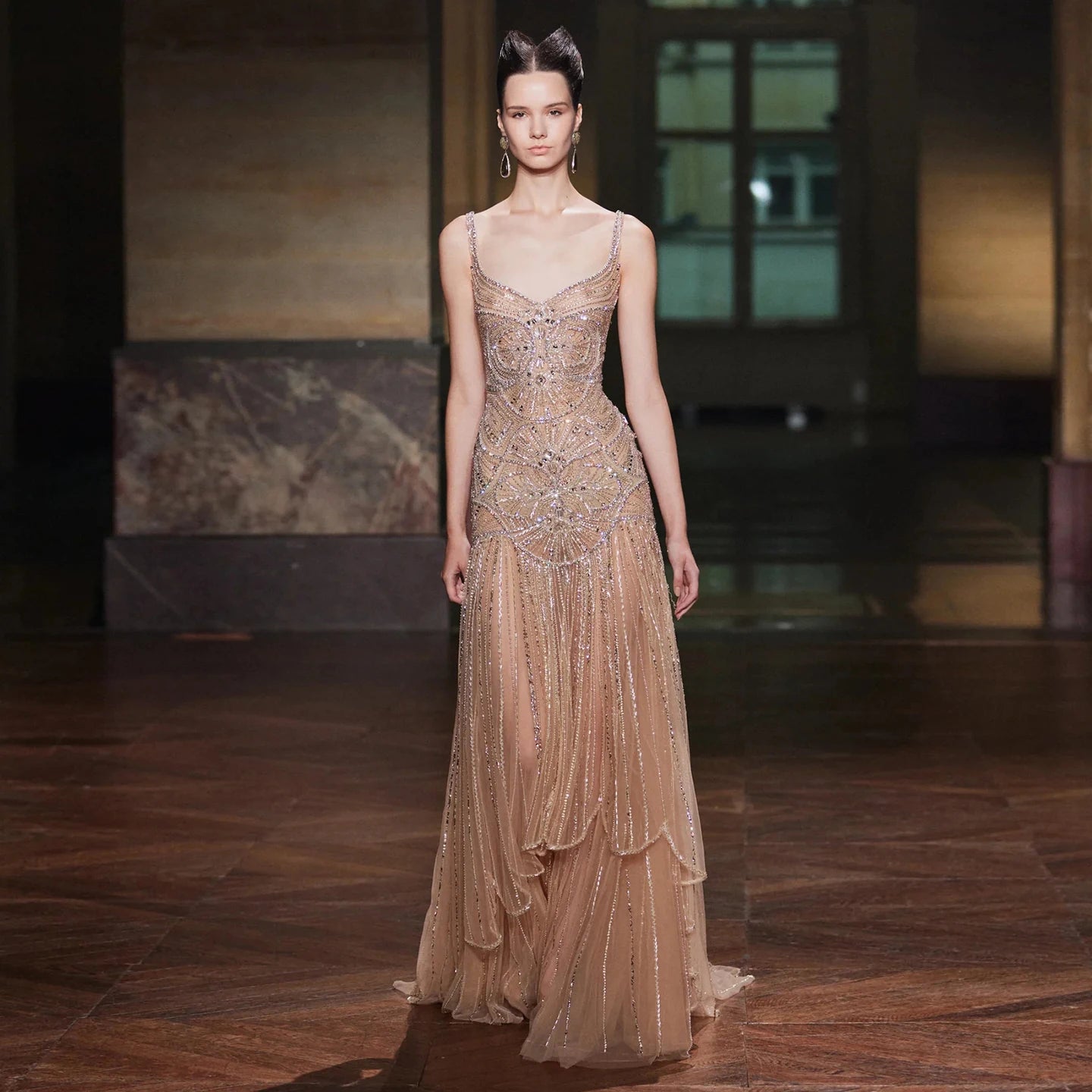 Champagne Champagne Mermaid Evening Gown — Luxury Beaded Saudi Wedding Formal — Riviera Couture GCC Luxury Evening Gown