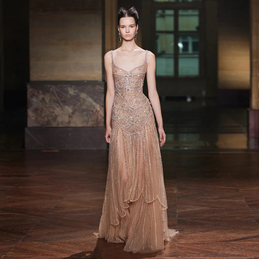Champagne Champagne Mermaid Evening Gown — Luxury Beaded Saudi Wedding Formal — Riviera Couture GCC Luxury Evening Gown