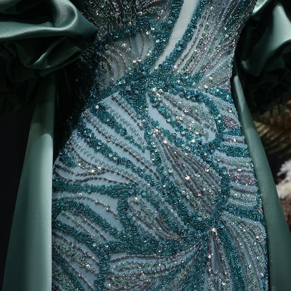 Wine Red Off-Shoulder Cape Ruffle Evening Gown — Beaded Luxury GCC Formal — Riviera Couture GCC Luxury Evening Gown