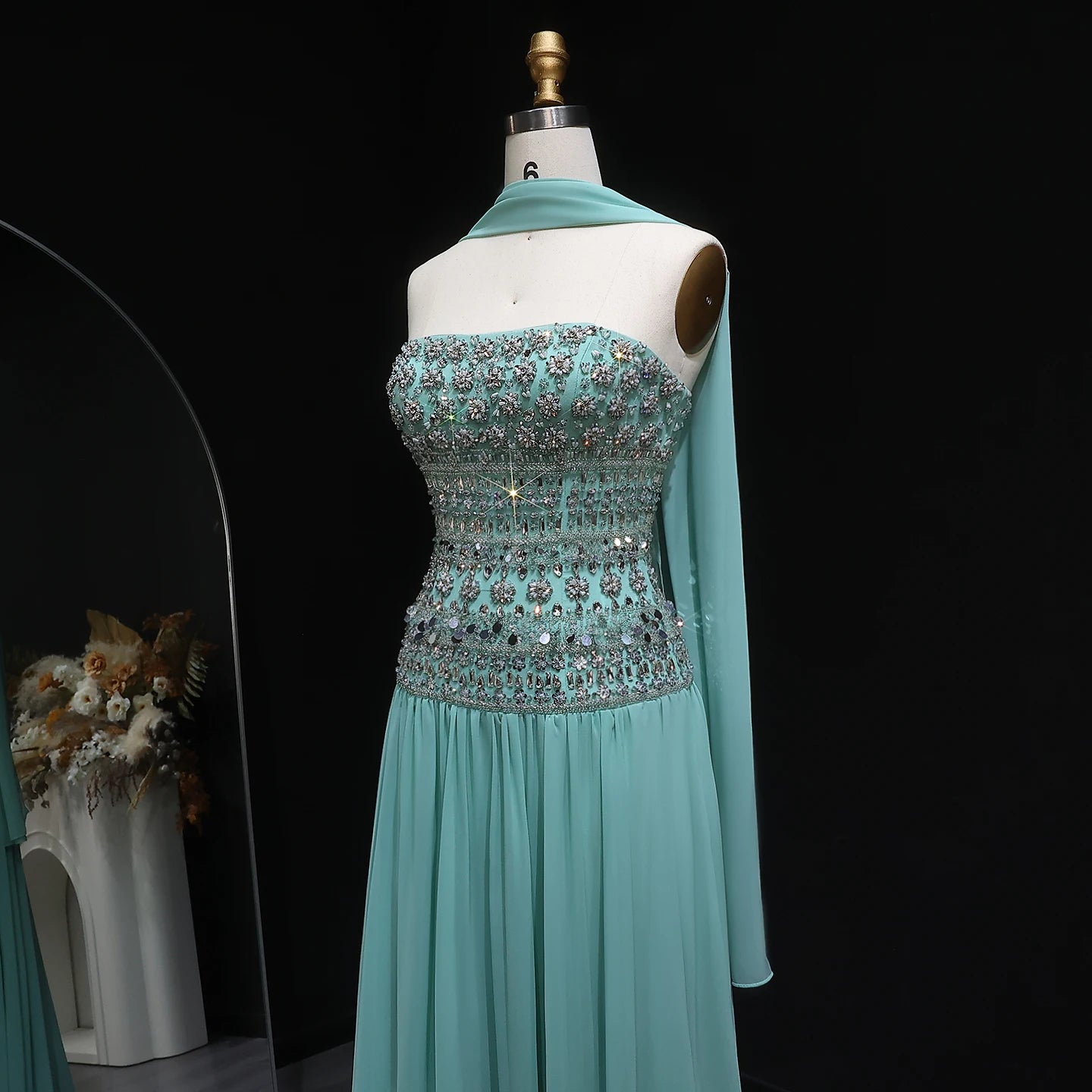 Lilac Lilac Beaded Strapless Evening Gown with Flowing Chiffon Skirt — Riviera Couture GCC Luxury Evening Gown