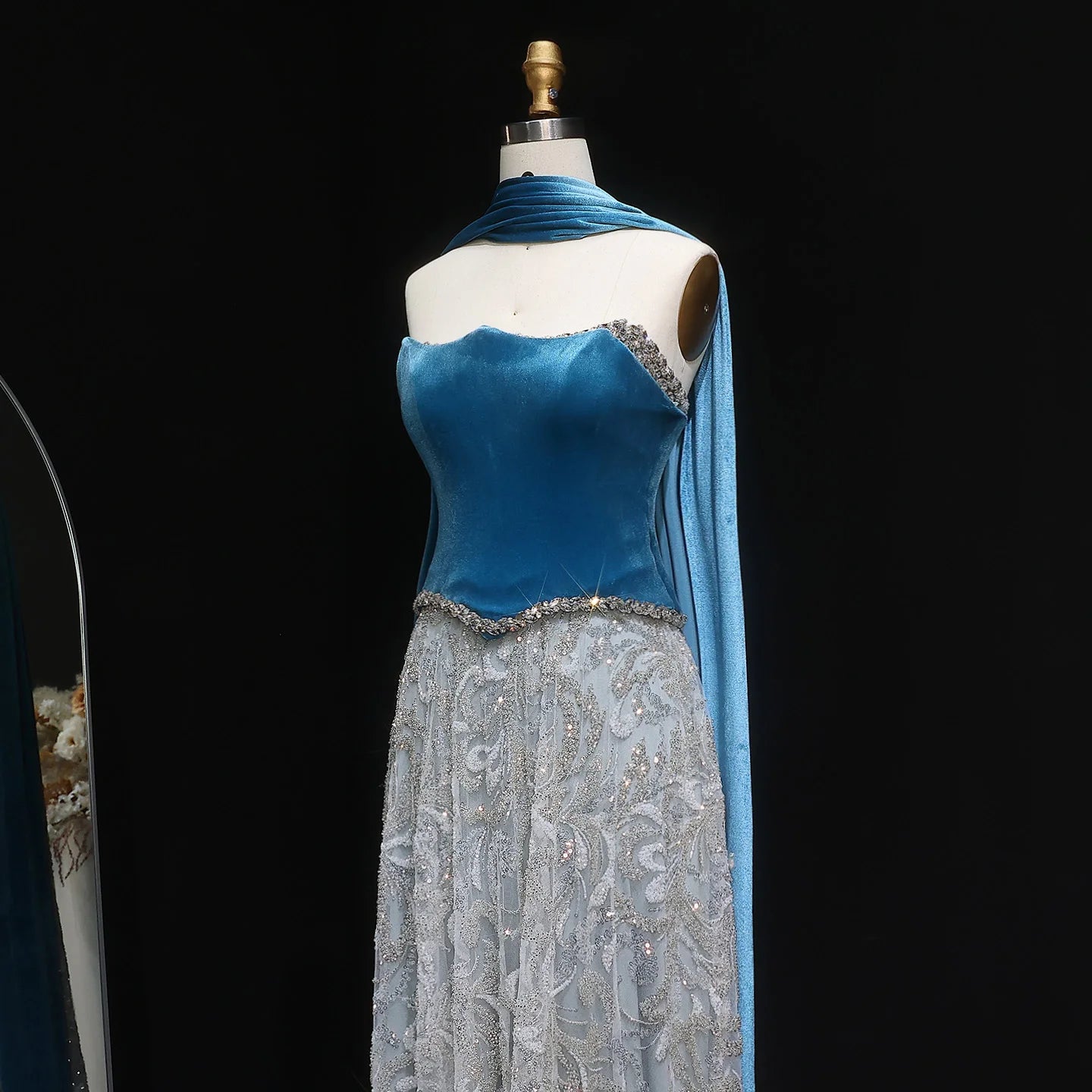Blue Blue Velvet Two-Piece Evening Gown with Scarf — Arabic Luxury — Riviera Couture GCC Luxury Evening Gown