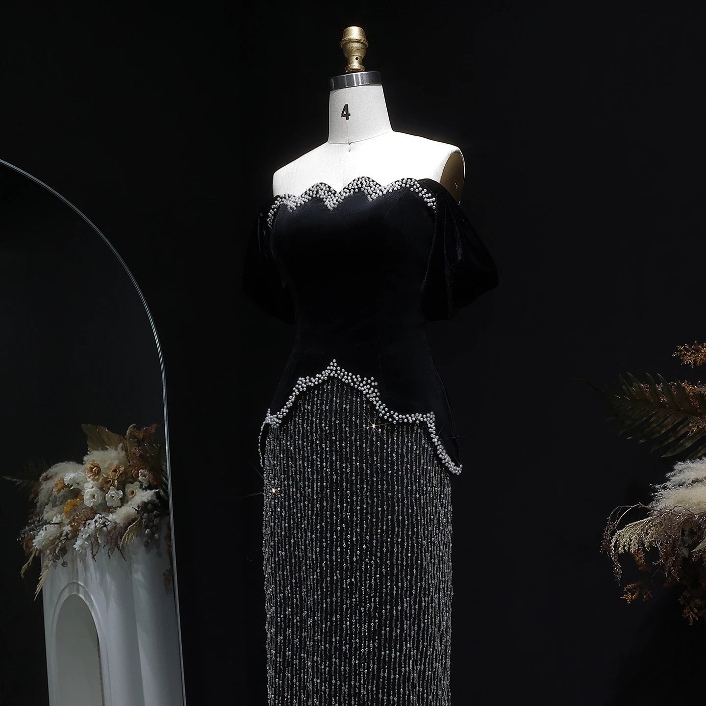 Black Black Beaded Off-Shoulder Evening Gown with Slit — Arabic Luxury — Riviera Couture GCC Luxury Evening Gown