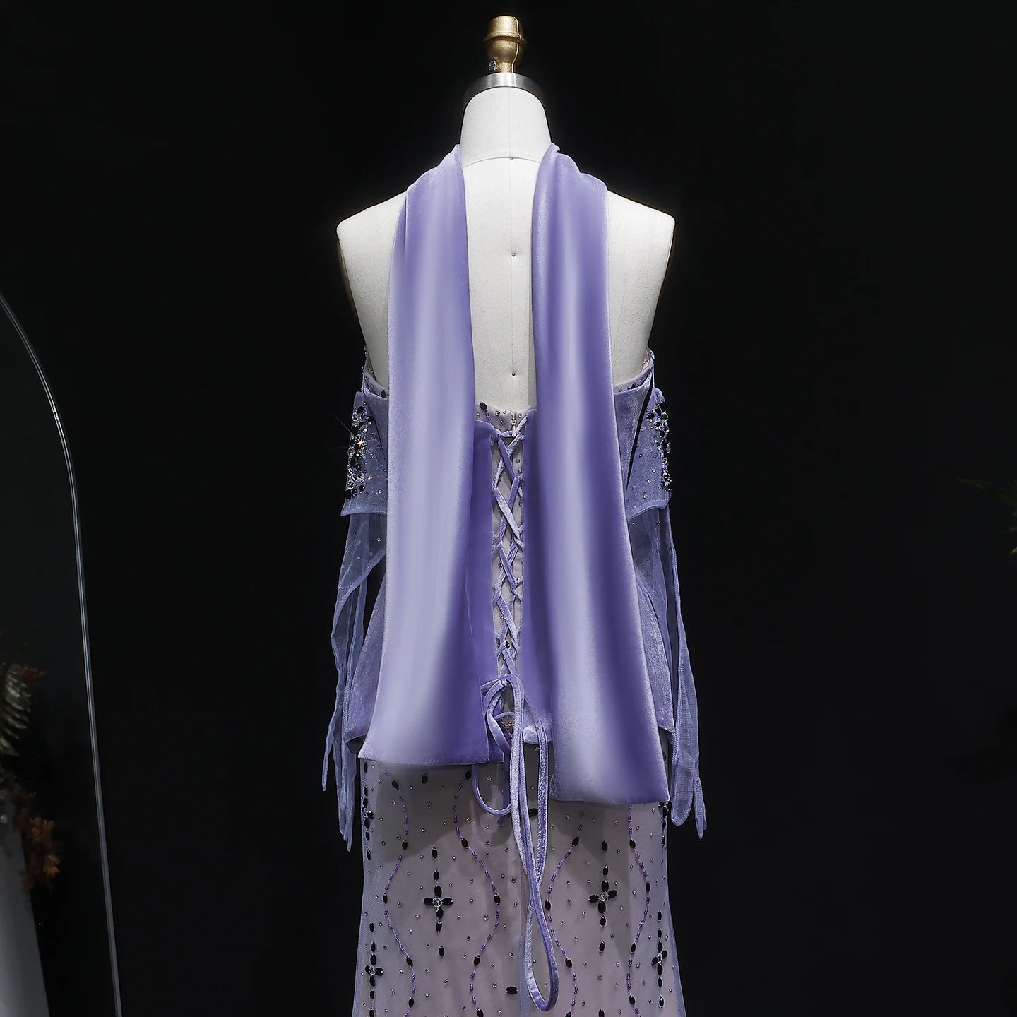 Purple Purple Velvet Two-Piece Mermaid Evening Gown with Gloves and Scarf — Riviera Couture GCC Luxury Evening Gown