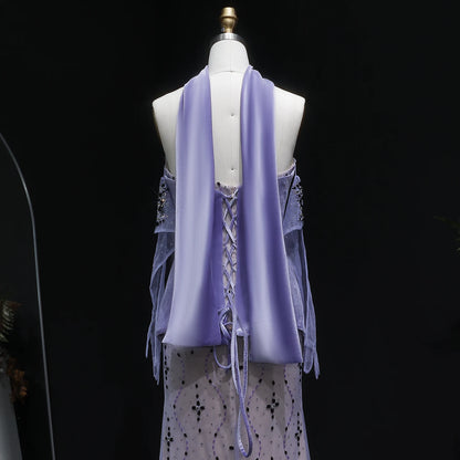 Purple Purple Velvet Two-Piece Mermaid Evening Gown with Gloves and Scarf — Riviera Couture GCC Luxury Evening Gown