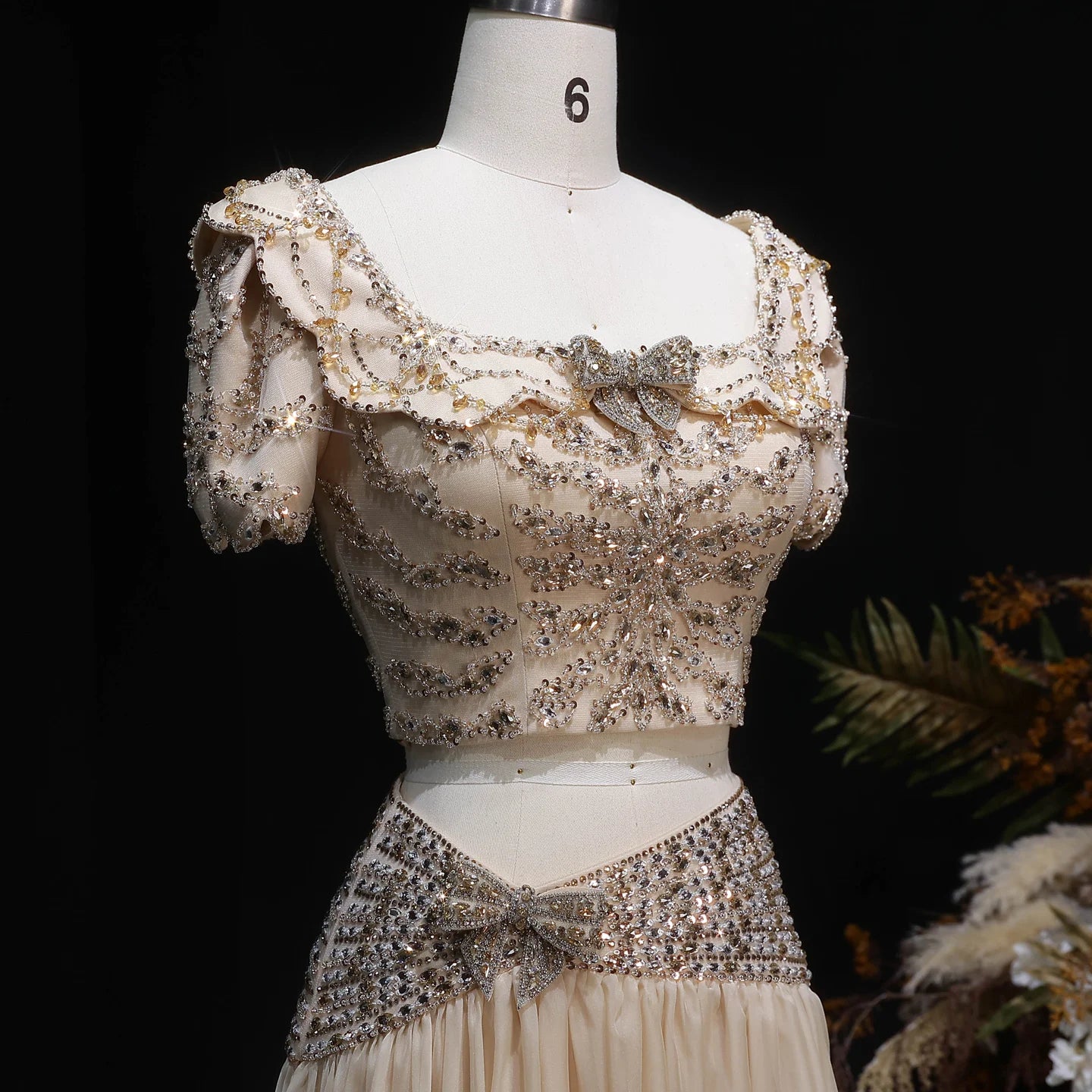 Champagne Champagne Two-Piece Evening Gown — Short Sleeve Sequined Bowknot — Riviera Couture GCC Luxury Evening Gown