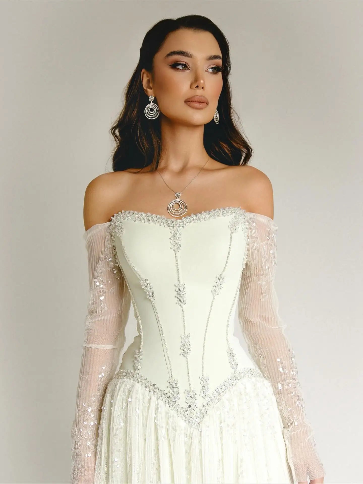 Beige Off-Shoulder Long Sleeve Sequined A-Line Evening Gown — GCC Formal — Riviera Couture GCC Luxury Evening Gown