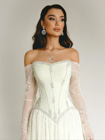 Beige Off-Shoulder Long Sleeve Sequined A-Line Evening Gown — GCC Formal — Riviera Couture GCC Luxury Evening Gown