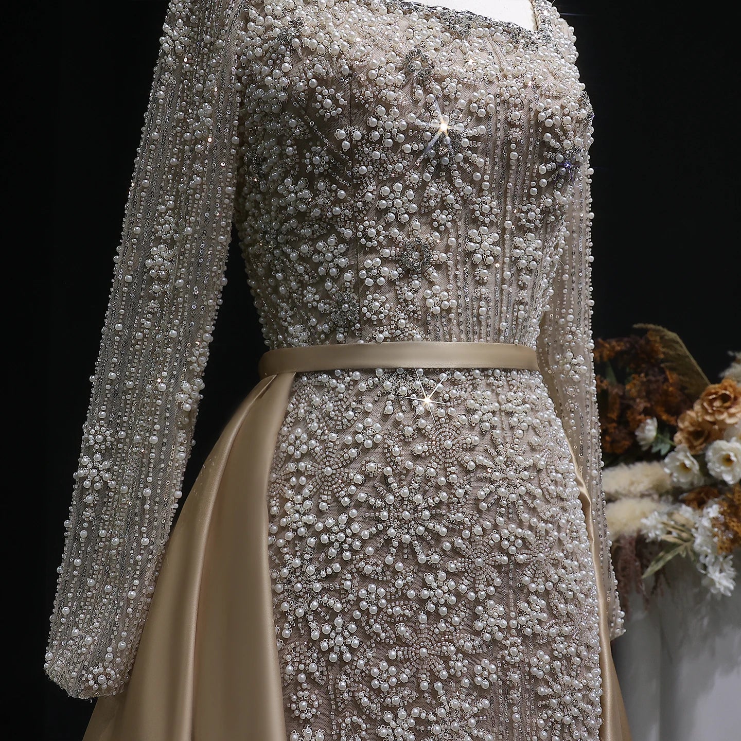 Green Beaded Long Sleeve Mermaid Evening Gown with Overskirt — Arabic — Riviera Couture GCC Luxury Evening Gown
