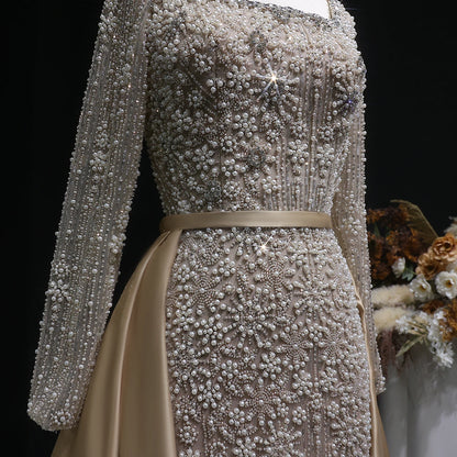 Green Beaded Long Sleeve Mermaid Evening Gown with Overskirt — Arabic — Riviera Couture GCC Luxury Evening Gown