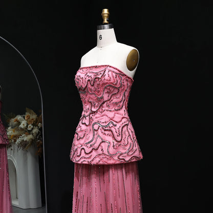 Rose Pink Rose Pink and Blue Beaded Two-Piece Strapless Evening Gown — GCC — Riviera Couture GCC Luxury Evening Gown