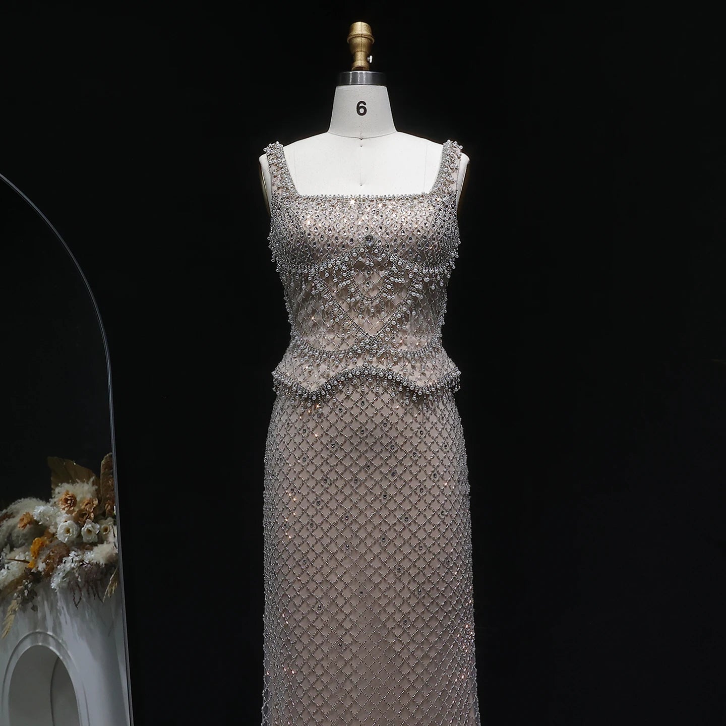 Gray Gray Straight Evening Gown with Straps — Dubai Arabic Luxury Formal — Riviera Couture GCC Luxury Evening Gown