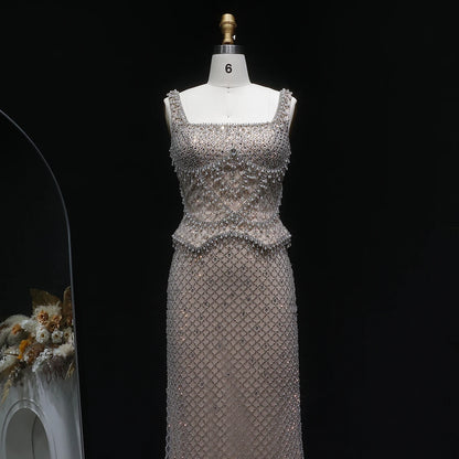 Gray Gray Straight Evening Gown with Straps — Dubai Arabic Luxury Formal — Riviera Couture GCC Luxury Evening Gown