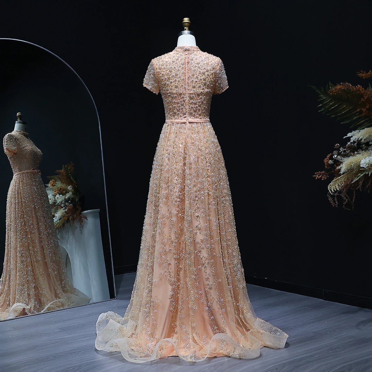 Peach Peach Embroidered Evening Gown with Bow — Luxury Beaded Arabic — Riviera Couture GCC Luxury Evening Gown