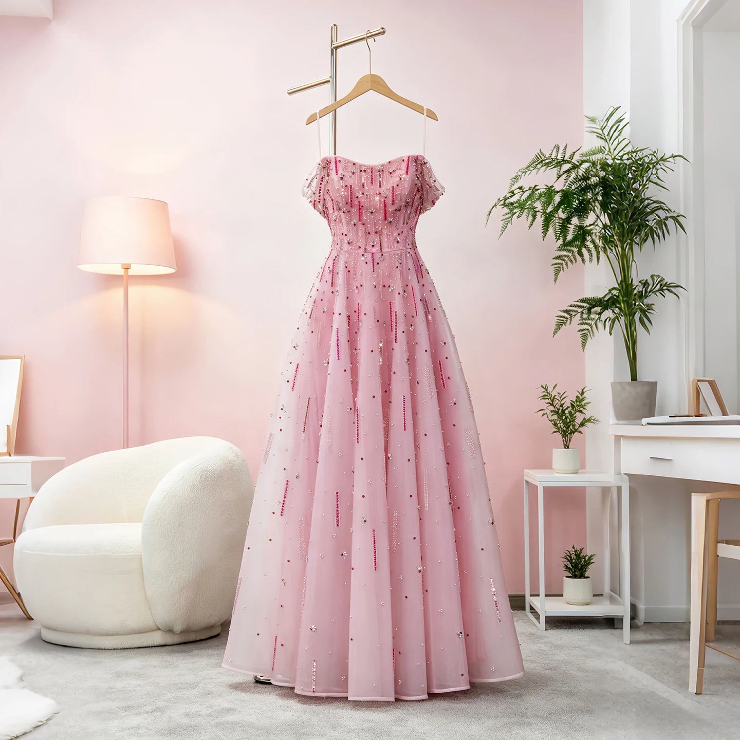 Pink Off-Shoulder A-Line Evening Gown — Luxury Beaded Arabic GCC — Riviera Couture GCC Luxury Evening Gown