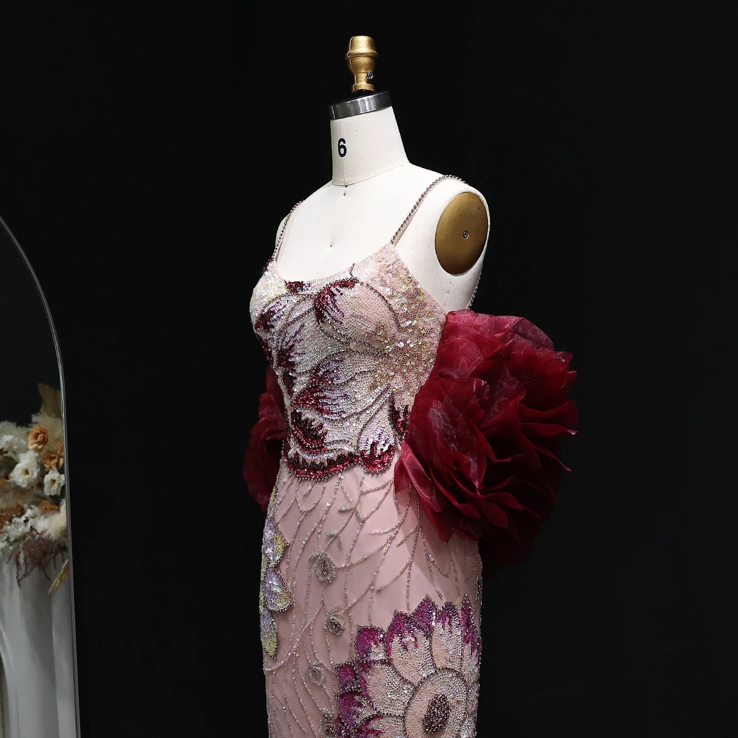 Pink Pink Floral Beaded Evening Gown with Burgundy Cape — GCC Luxury — Riviera Couture GCC Luxury Evening Gown