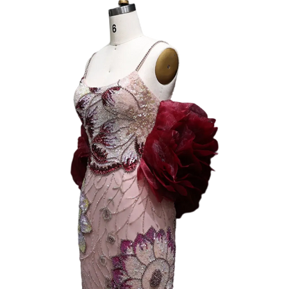 Pink Pink Floral Beaded Evening Gown with Burgundy Cape — GCC Luxury — Riviera Couture GCC Luxury Evening Gown