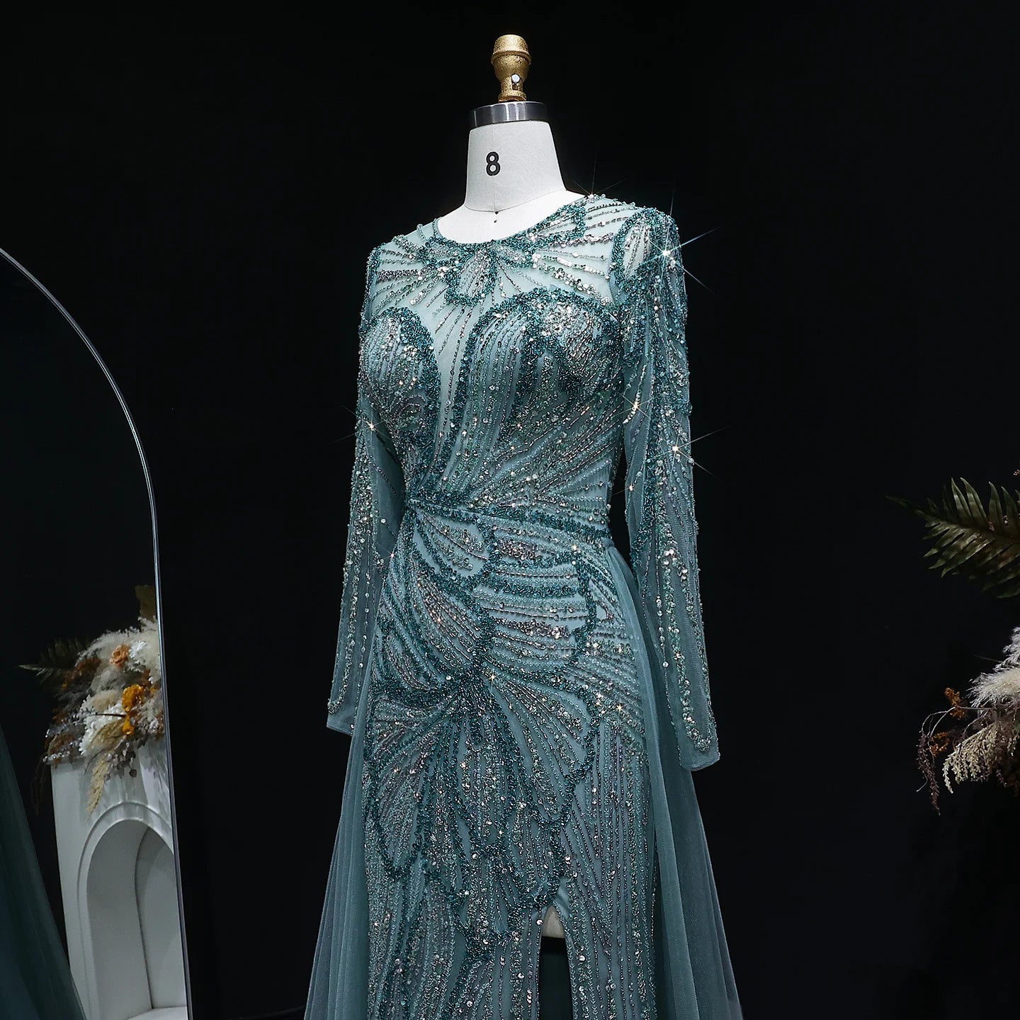 Green Beaded Long Sleeve Evening Gown with Overskirt and Side Slit — Riviera Couture GCC Luxury Evening Gown