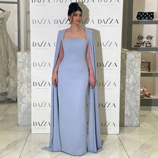 Elegant Blue Mermaid Arabic Evening Dress with Cape Sleeves - Riviera Couture