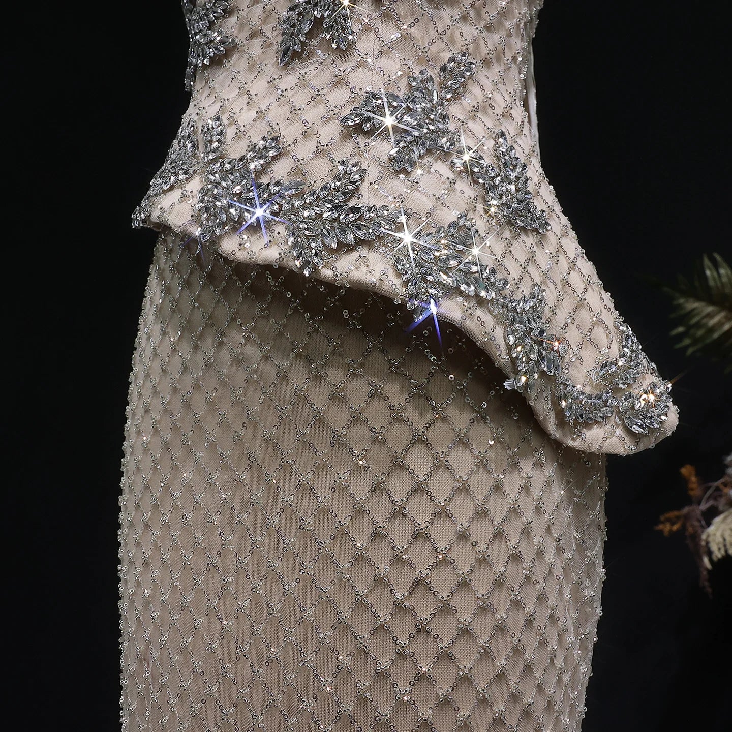 Champagne Crystal Sequined Mermaid Evening Gown with Cape — GCC Luxury 2026 — Riviera Couture GCC Luxury Evening Gown