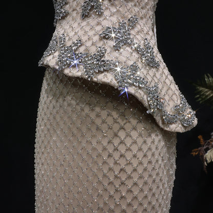 Champagne Crystal Sequined Mermaid Evening Gown with Cape — GCC Luxury 2026 — Riviera Couture GCC Luxury Evening Gown