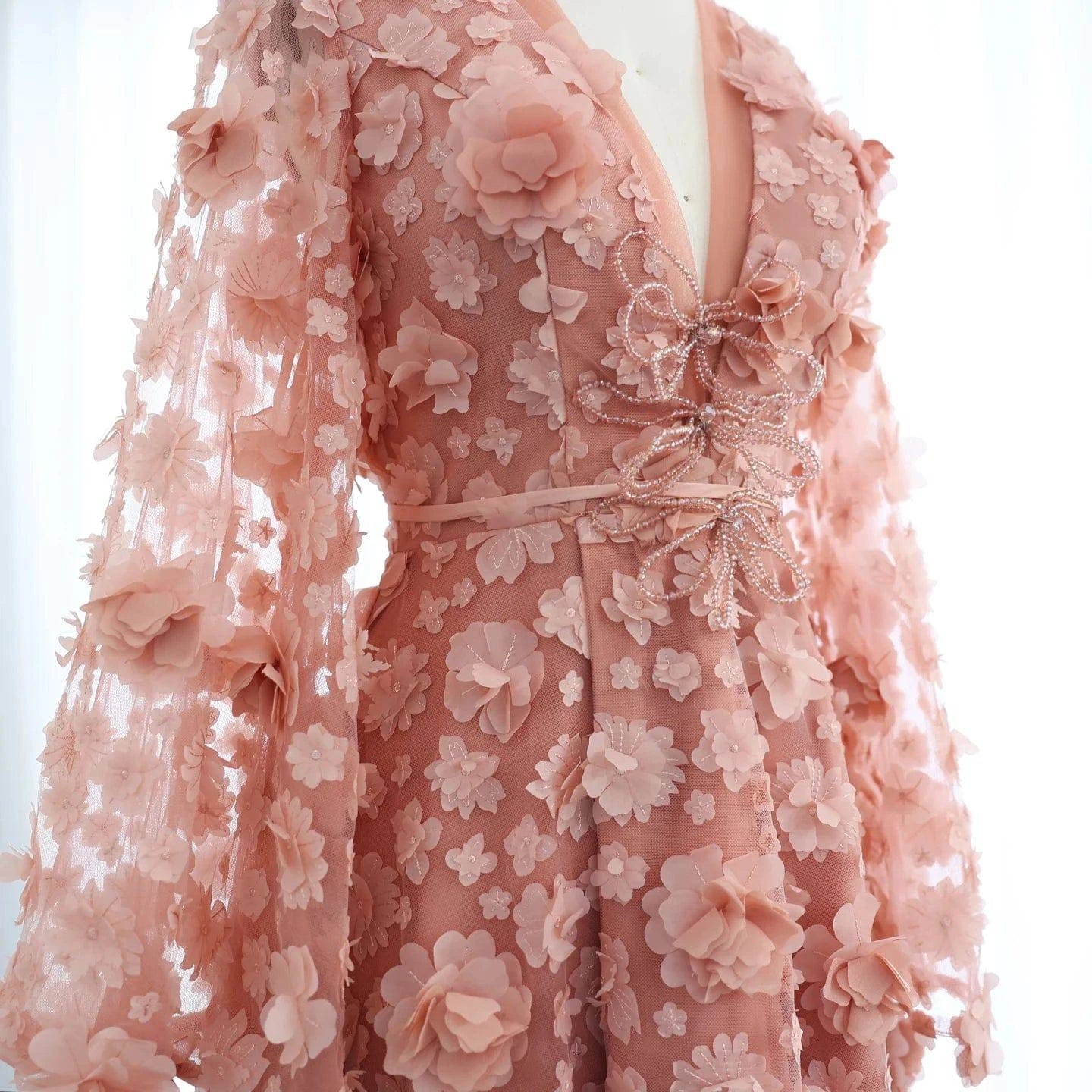 Blush Peach-Pink 3D Flowers Evening Dresses with Sleeves - Riviera Couture