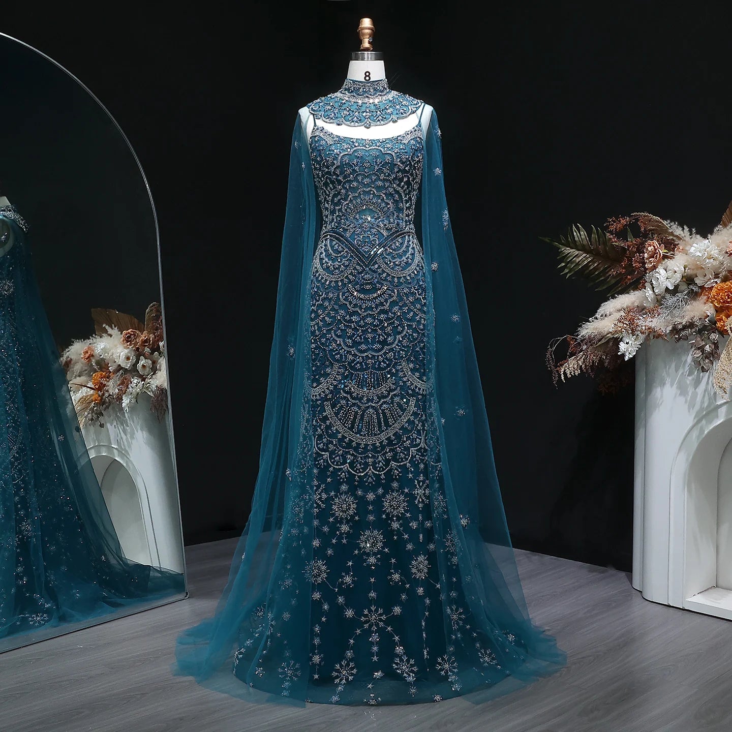 Teal Plus Size Beaded Mermaid Evening Gown with Cape — GCC Luxury Formal — Riviera Couture GCC Luxury Evening Gown