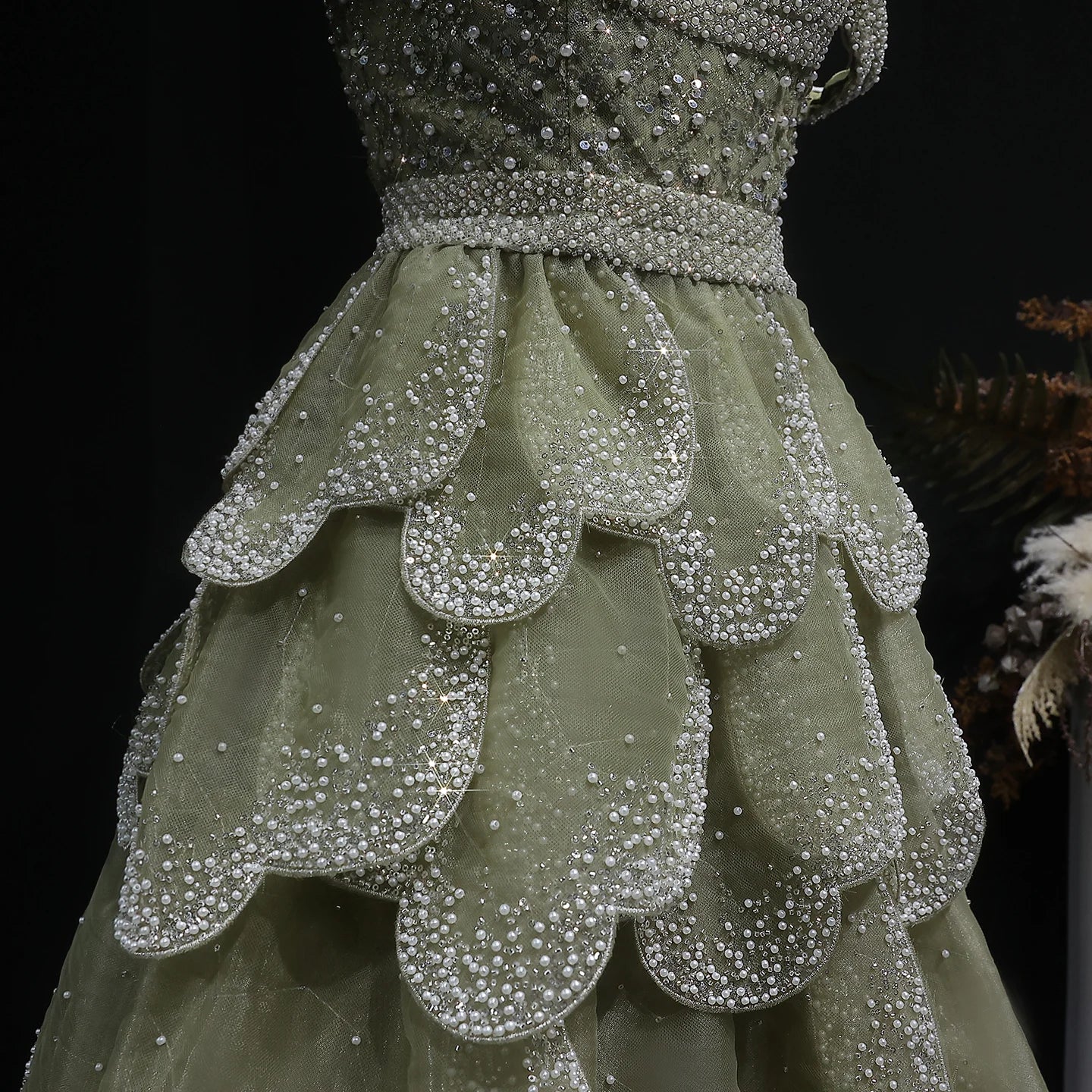 Green Sage Green Off-Shoulder Tiered Ruffle Evening Gown — GCC Formal — Riviera Couture GCC Luxury Evening Gown