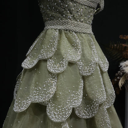 Green Sage Green Off-Shoulder Tiered Ruffle Evening Gown — GCC Formal — Riviera Couture GCC Luxury Evening Gown