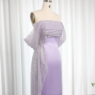 Elegant Off Shoulder Lilac Evening Dress with Overskirt - Riviera Couture