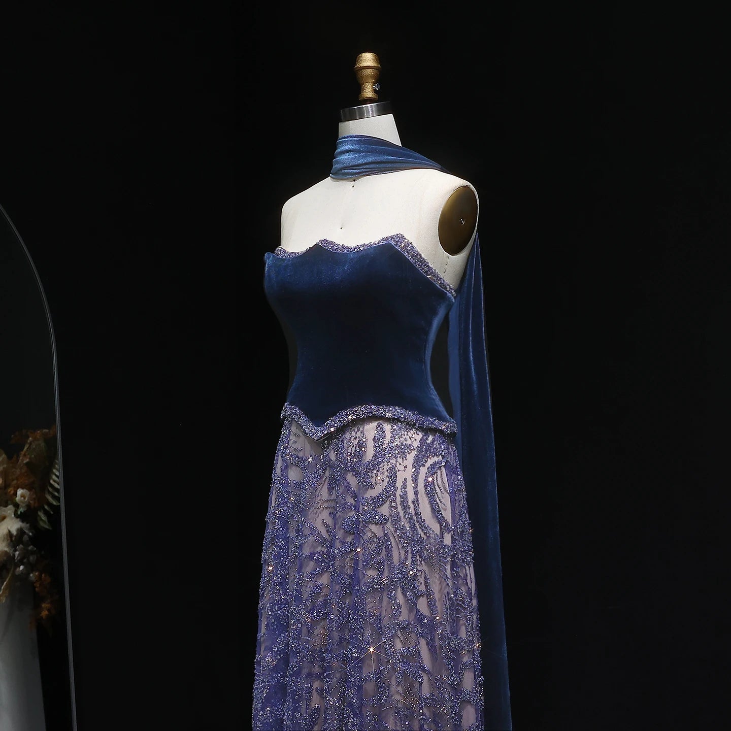 Turquoise Blue Velvet Two-Piece Evening Gown with Scarf — Arabic Luxury — Riviera Couture GCC Luxury Evening Gown