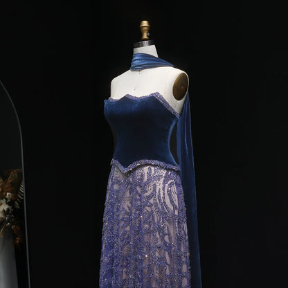 Turquoise Blue Velvet Two-Piece Evening Gown with Scarf — Arabic Luxury — Riviera Couture GCC Luxury Evening Gown