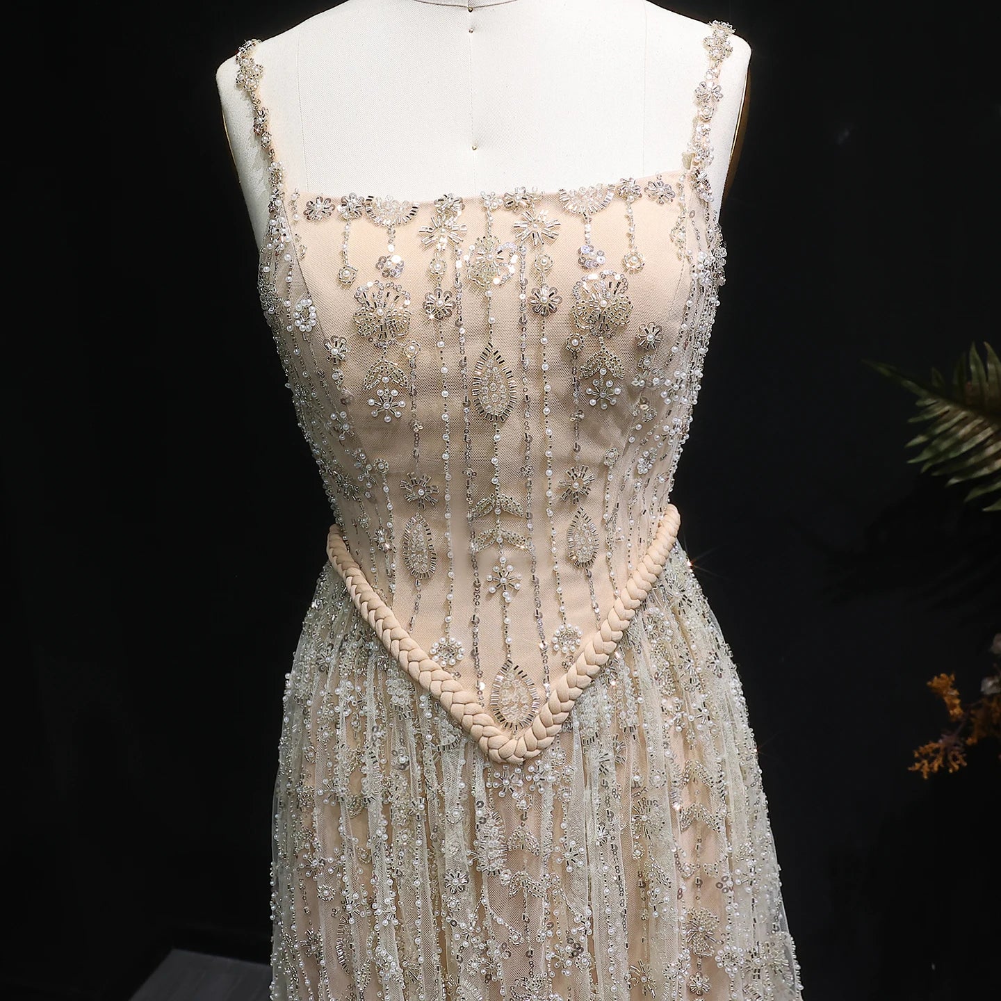 Nude Long Sleeves Sage Green Spaghetti Strap Evening Gown — Arabic Luxury 2026 — Riviera Couture GCC Luxury Evening Gown