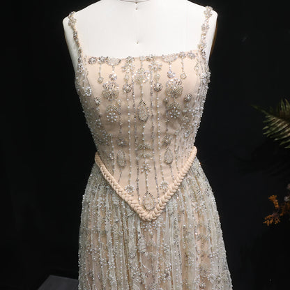 Nude Long Sleeves Sage Green Spaghetti Strap Evening Gown — Arabic Luxury 2026 — Riviera Couture GCC Luxury Evening Gown