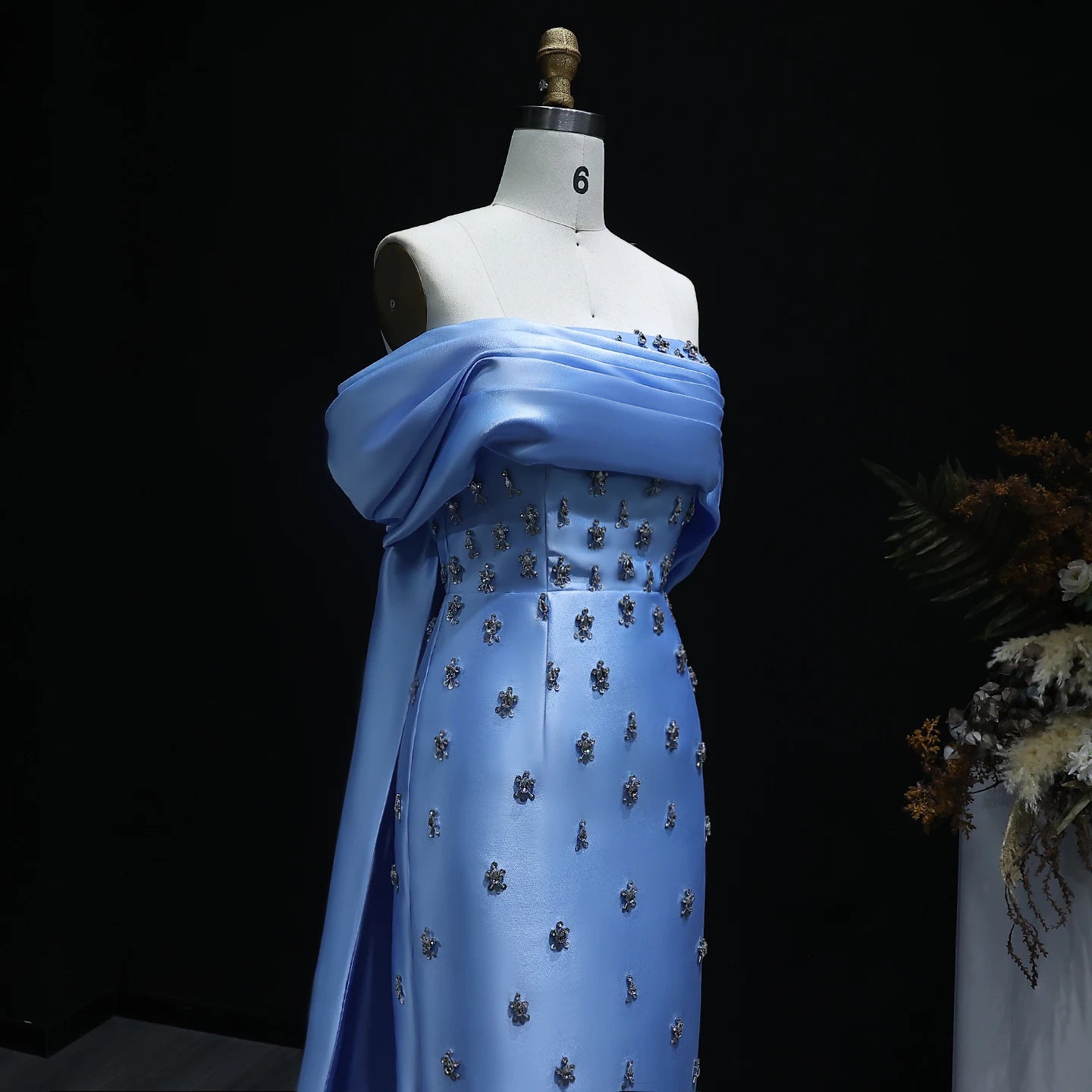 White Blue Satin Off-Shoulder Evening Gown with Crystal Overskirt — Midi — Riviera Couture GCC Luxury Evening Gown