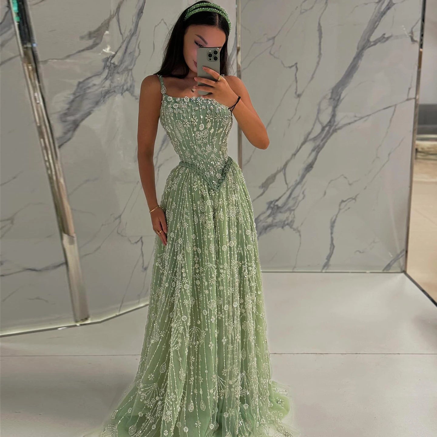 Burgundy Sage Green Spaghetti Strap Evening Gown — Arabic Luxury 2026 — Riviera Couture GCC Luxury Evening Gown