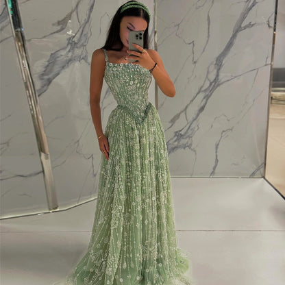 Burgundy Sage Green Spaghetti Strap Evening Gown — Arabic Luxury 2026 — Riviera Couture GCC Luxury Evening Gown