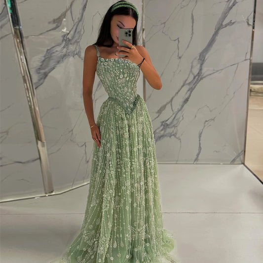 Burgundy Sage Green Spaghetti Strap Evening Gown — Arabic Luxury 2026 — Riviera Couture GCC Luxury Evening Gown