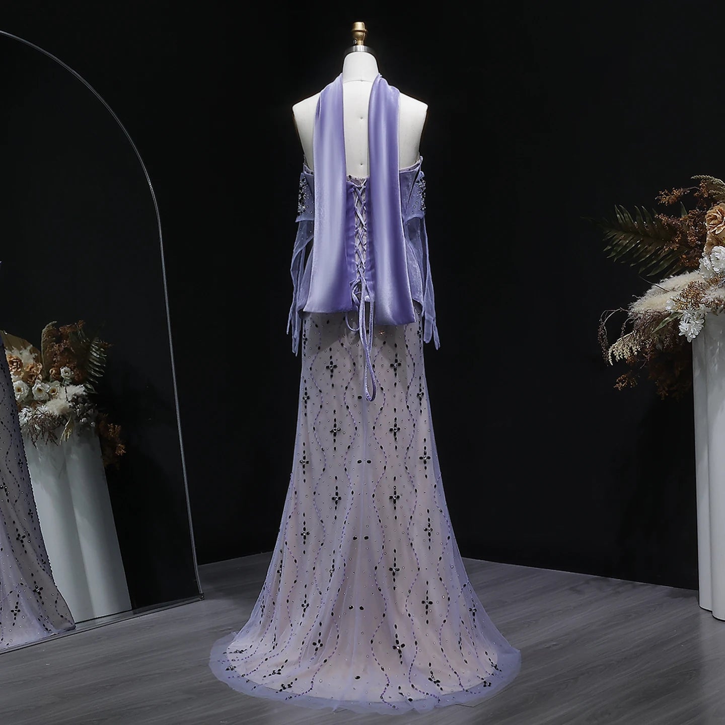 Purple Purple Velvet Two-Piece Mermaid Evening Gown with Gloves and Scarf — Riviera Couture GCC Luxury Evening Gown