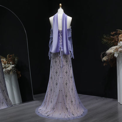 Purple Purple Velvet Two-Piece Mermaid Evening Gown with Gloves and Scarf — Riviera Couture GCC Luxury Evening Gown